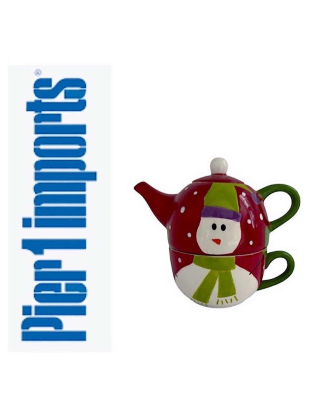 Pier 1 Imports Snowman Hand Painted Dolomite Teapot & Cup